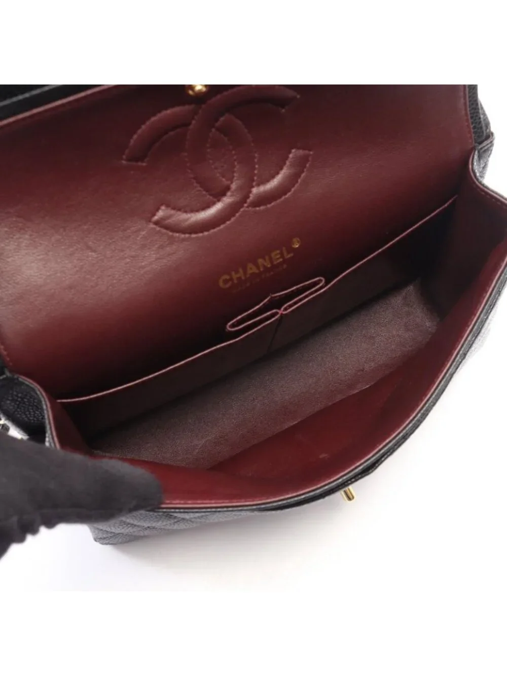 Chanel Shoulder Bag Quilted Double Flap Black Caviar Leather Chain
